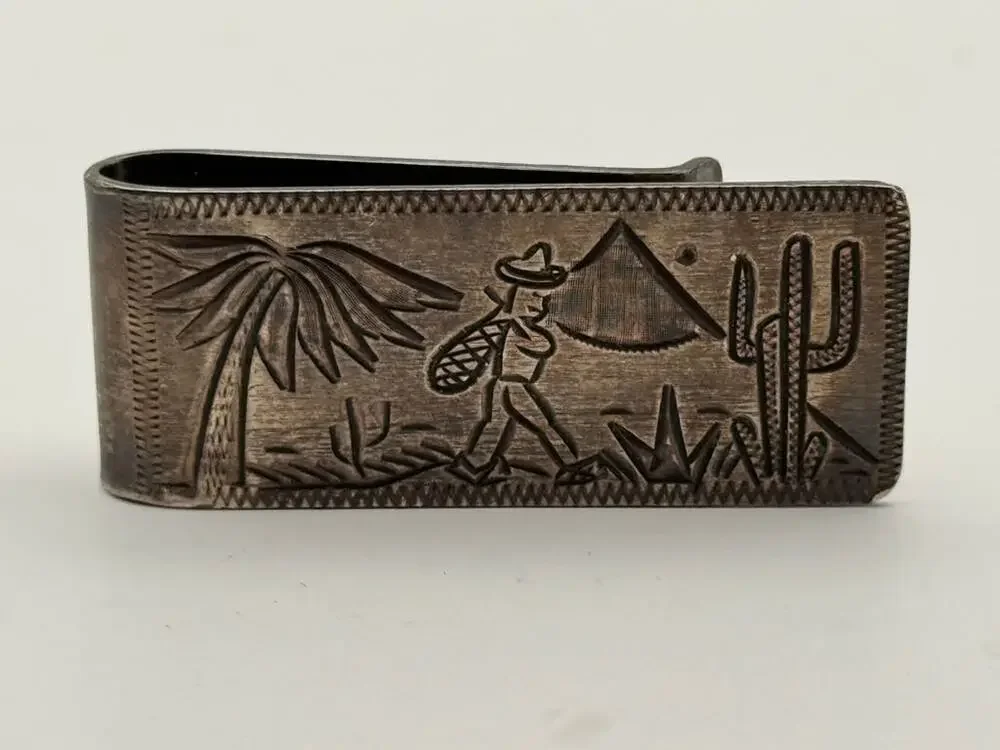 Mexican Sterling Silver .925 Money Clip Cowboy Cactus Desert Scene Western Used